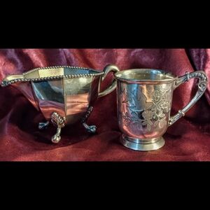 Ornate Antique Silver Plated Creamer & Cup